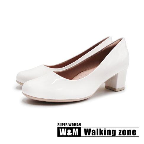 WALKING ZONE SUPER WOMAN靜音圓頭正裝中跟鞋 女鞋-漆皮白 0