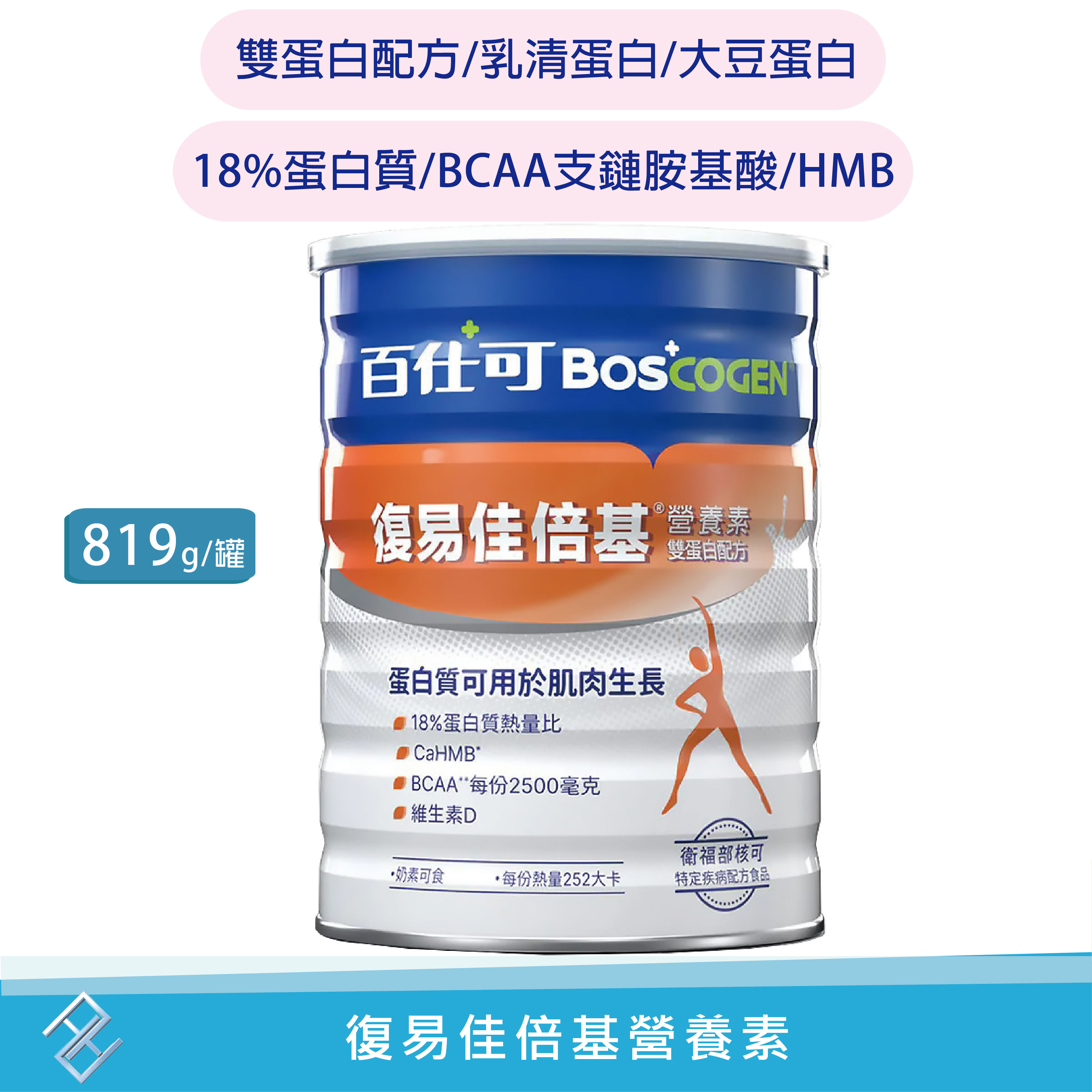 【百仕可】BOSCOGEN 復易佳倍基營養素雙蛋白配方 粉劑819g/罐 BCAA支鏈胺基酸 HMB 18%蛋白質 乳清蛋白 大豆蛋白 康富久久