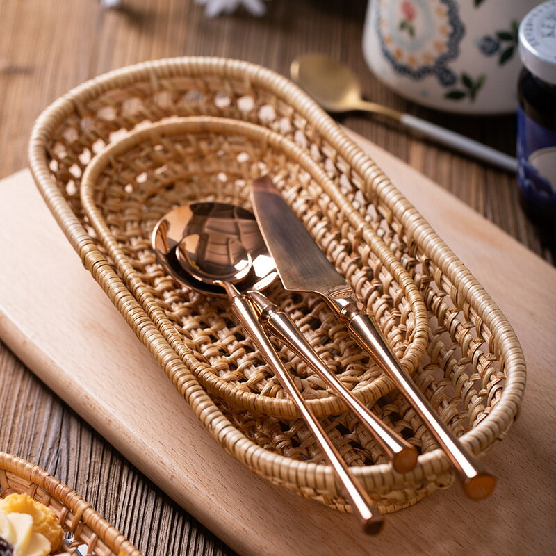 日式藤編果盤復古水果竹籃歐式面包薯條餐具編織小托盤食品籃子