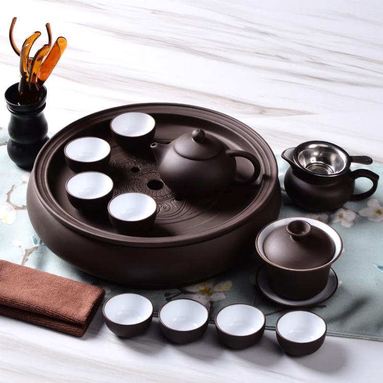 紫砂功夫茶具套裝茶杯茶壺茶盤整套陶瓷茶具圓形茶洗蓄水家用茶器