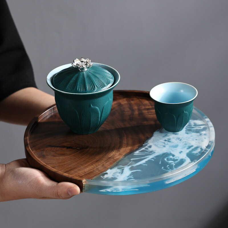 免運 茶具系列 胡桃木樹脂茶盤托盤海浪雪山創意茶盤圍爐茶點盤家用旅行茶道配件