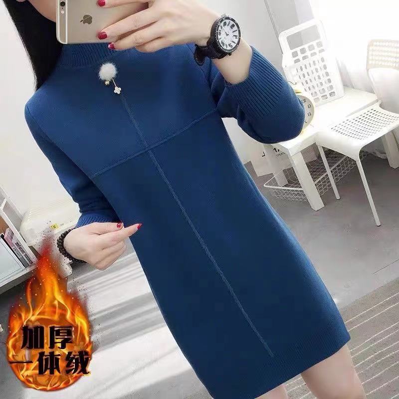 保暖修身中長款加厚秋冬一體絨毛衣寬松保暖女士半高領修身針織衫