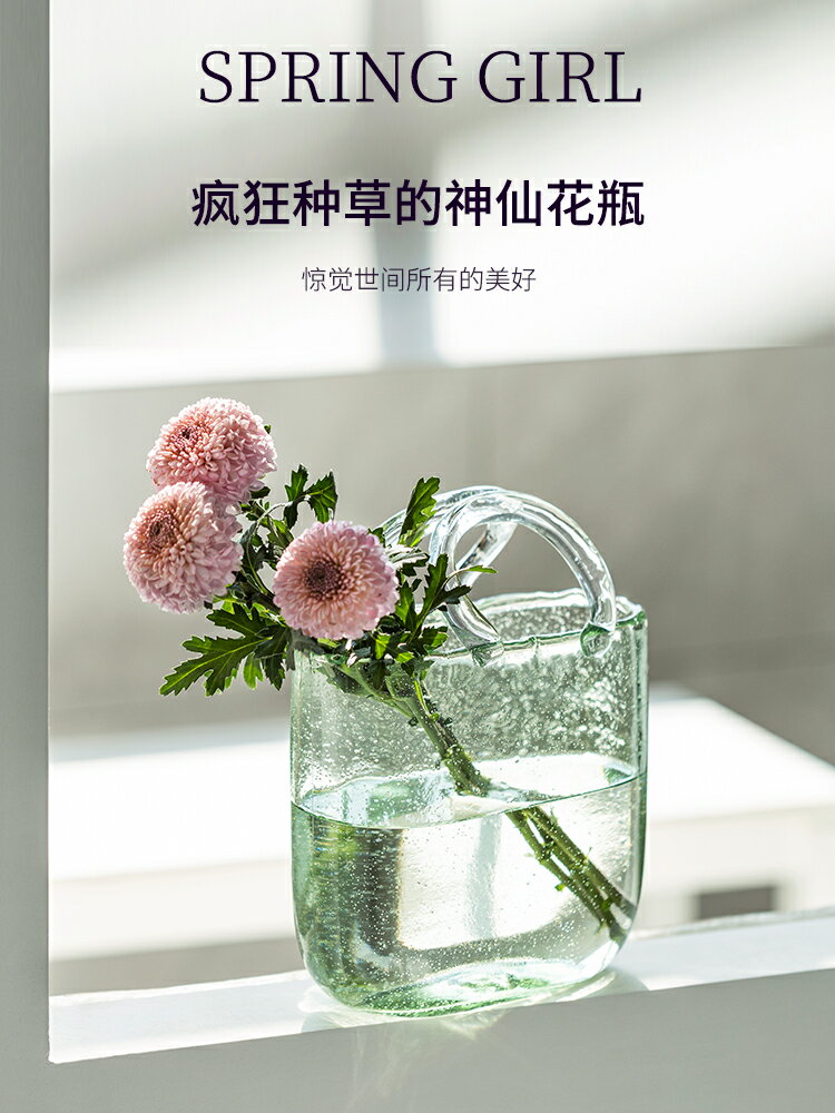 摩登主婦北歐網紅花瓶擺件客廳插花玻璃透明手提籃水養插花裝飾品
