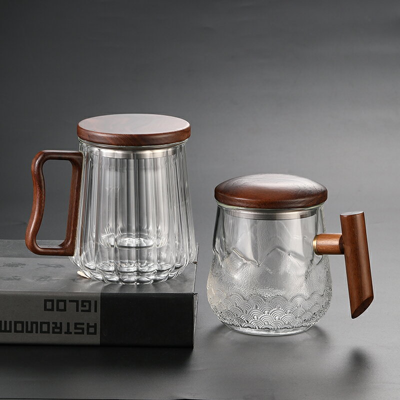 日式辦公杯茶水分離杯子會議茶杯帶蓋高硼矽玻璃杯把手泡茶分離杯