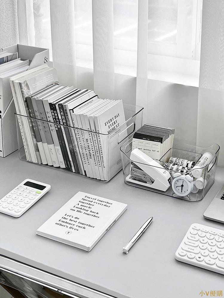小V優購亞克力桌面收納盒透明宿舍書桌文具書本置物架大容量辦公室文件筐