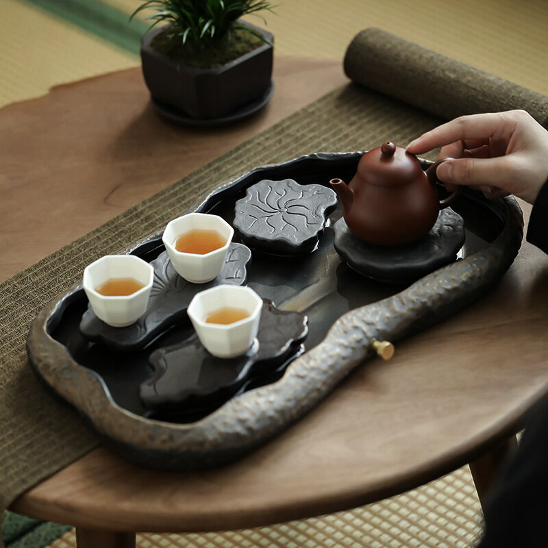 茶盤 復古粗陶干泡盤鎏金鐵釉陶瓷日式茶盤儲水排水式功夫茶臺家用托盤