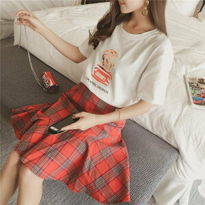 FINDSENSE G5 韓國時尚 夏季 格子 休閒 短袖 清純 套裝 T恤 短裙 顯瘦 兩件套