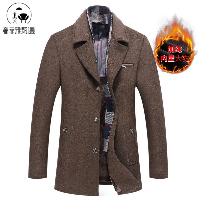 快速出貨/歐碼男裝秋冬圍巾款加絨毛呢大衣風衣男士羊毛呢子外套亞馬遜