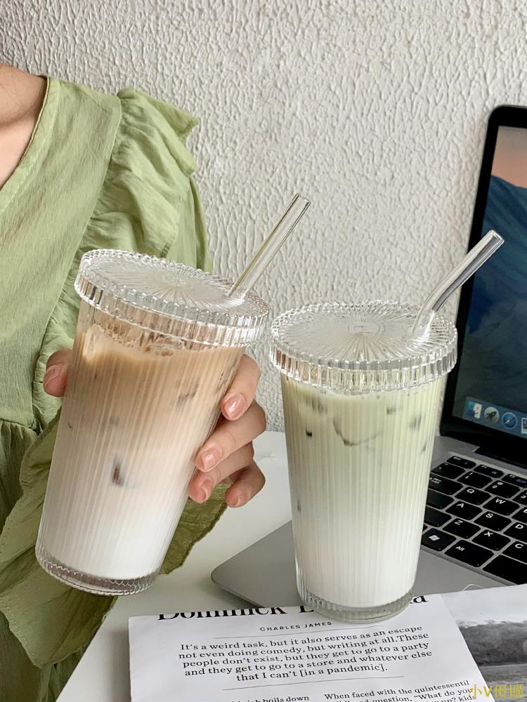 小V優購豎紋咖啡杯ins風帶蓋吸管玻璃杯家用女高顏值奶茶拿鐵杯喝水杯子