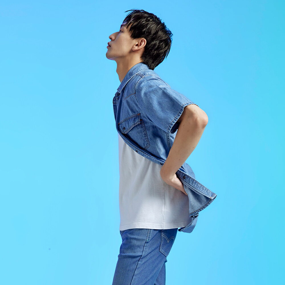 EDWIN 經典短袖牛仔襯衫-男款 石洗藍 3