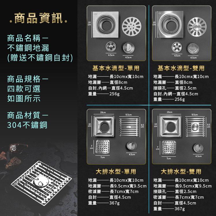 304不鏽鋼大排水地漏 多規格 贈自封 排水孔蓋 消水孔 落水頭 集水槽 水門 排水濾網【YX0406】《約翰家庭百貨 2