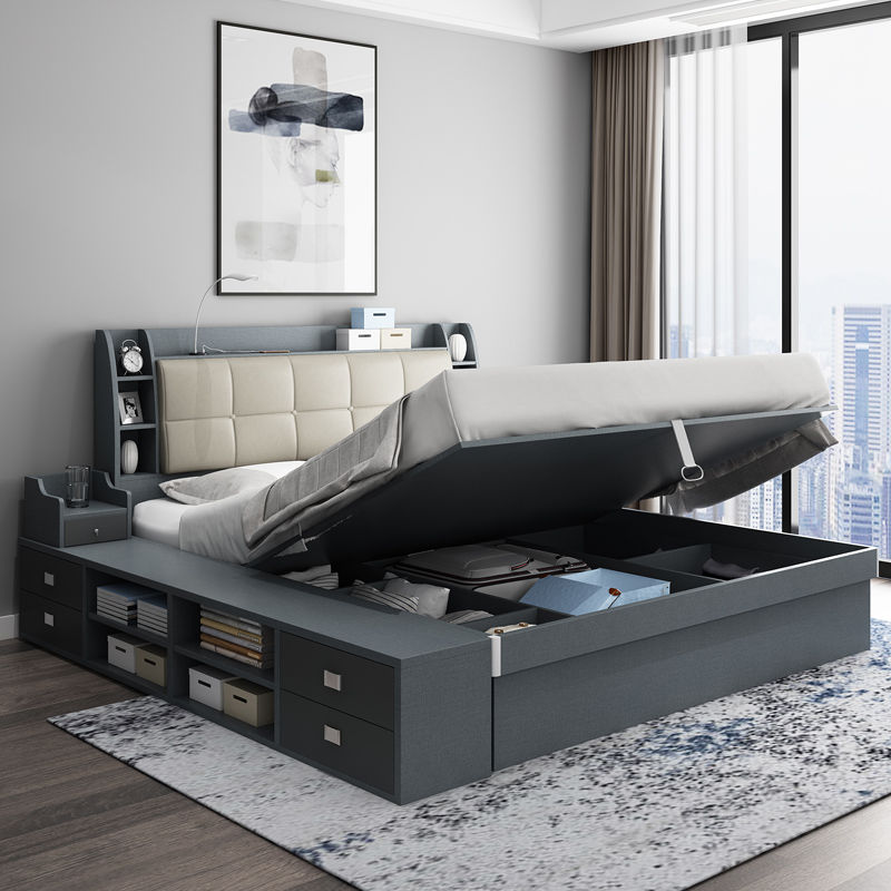 北歐高箱儲物床簡約現代氣動USB臥室收納1.35/1.5米1.8板式雙人床