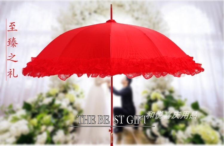 【台灣公司貨/免運】 婚慶新娘長柄蕾絲花邊直桿燙金玫瑰紅傘婚禮龍鳳雨傘新郎黑傘