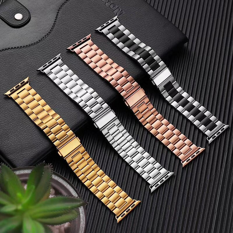 適用於Apple watch 蘋果三株表帶不銹鋼實心金屬表帶智慧手錶配件【宜家良品百貨】