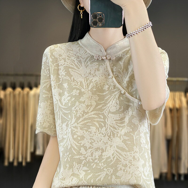 現貨+預購 羊毛針織衫短袖毛衣-盤扣鏤空絲質T恤女裝5色74lc67【獨家進口】【米蘭精品】