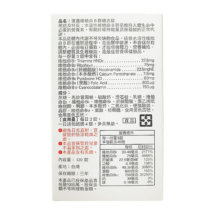 【人生製藥】渡邊 維他命B群糖衣錠120粒 / 綜合B群B1 B2 B3 B5 B6 B9 B12 / Watanabe ✦美康藥局✦ 3