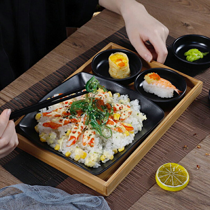 黑色日式快餐店碗碟餐具套裝蓋澆飯咖哩飯盤子A5密胺仿瓷餐廳商用
