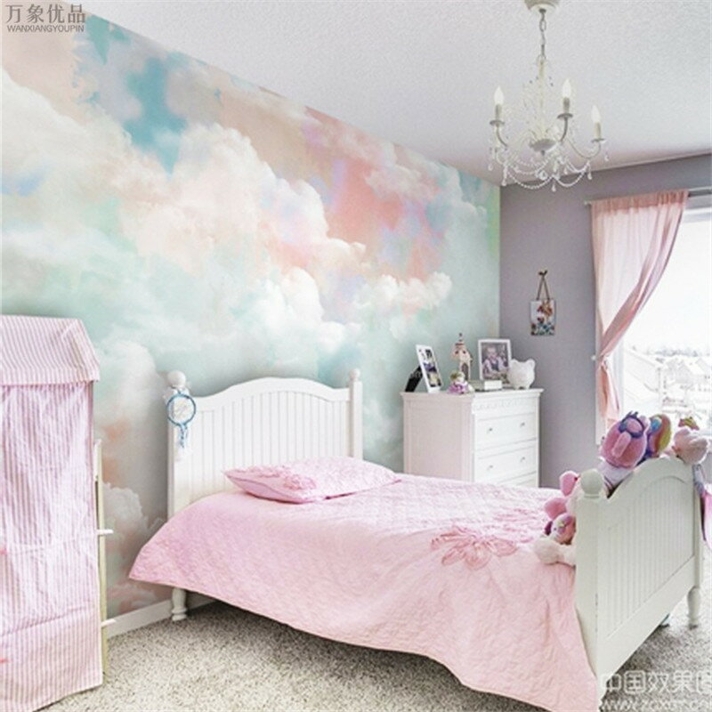 3D手繪彩色天空云朵壁紙客廳沙發臥室兒童房背景墻無縫壁畫墻紙