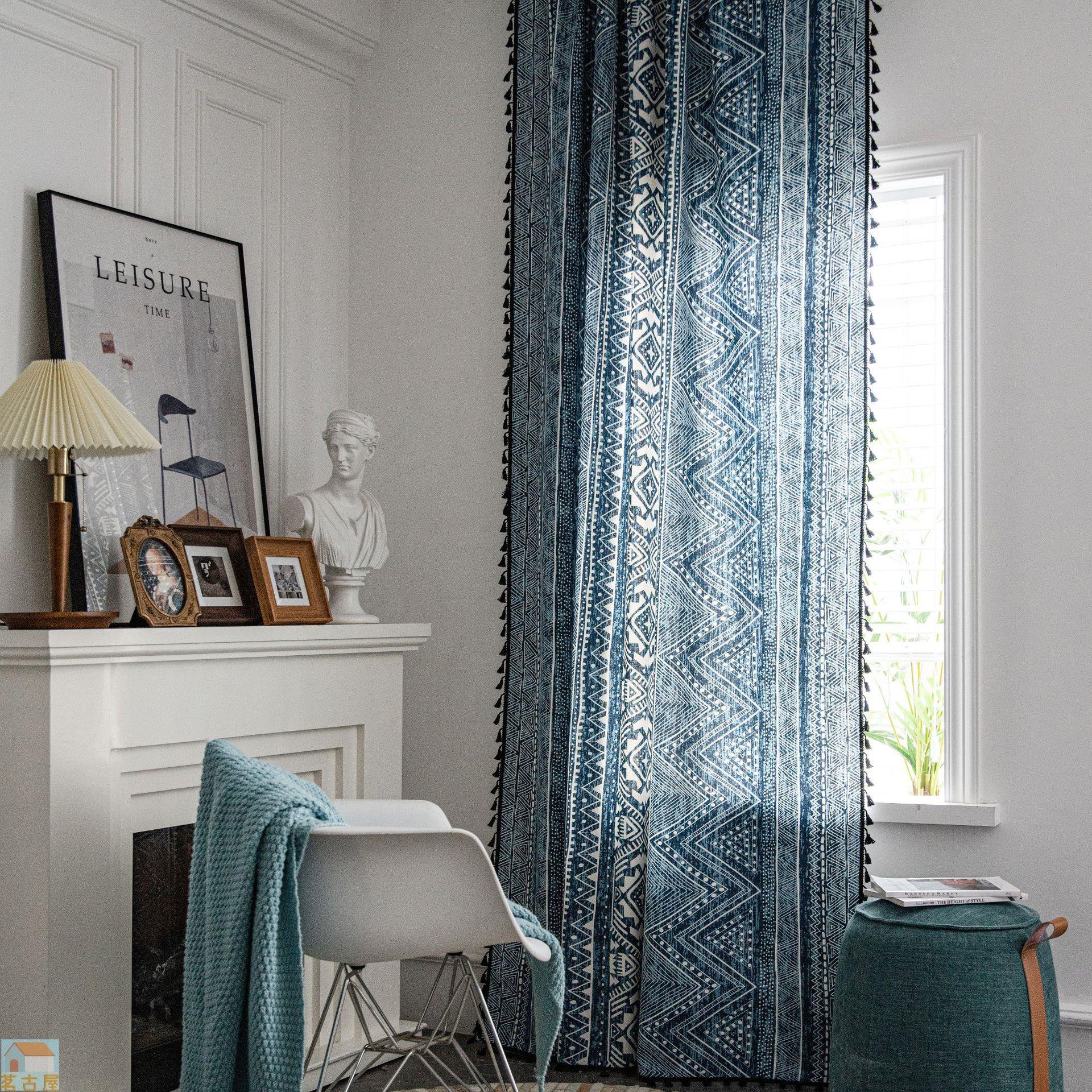 窗簾波西米亞風格藍色幾何印花窗簾成品廚房簾飄窗窗簾