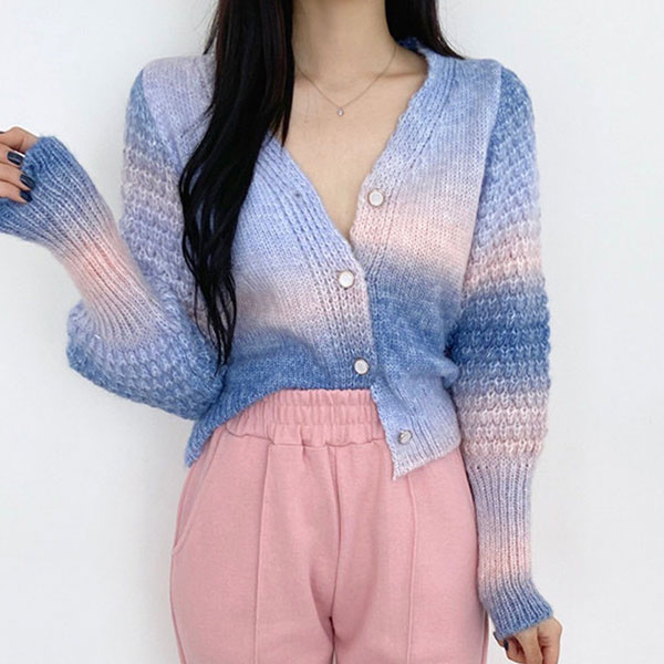 ANNAS 正韓 珍珠釦 渲染 外套 漸層 彩虹 扎染 暈染 麻花 毛衣 針織外套 粗針織 夢幻 女神 韓國 4