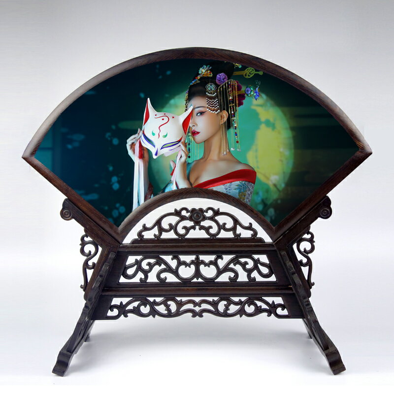 扇形照片實木雙面繡臺屏擺件 雞翅木古典中式擺件相框擺臺畫框 3