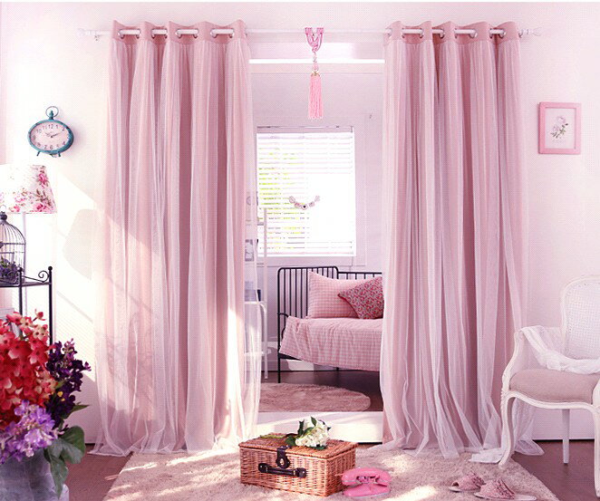 網紅窗簾ins純色公主房蕾絲雙層紗窗簾全遮光客廳臥室飄窗定制