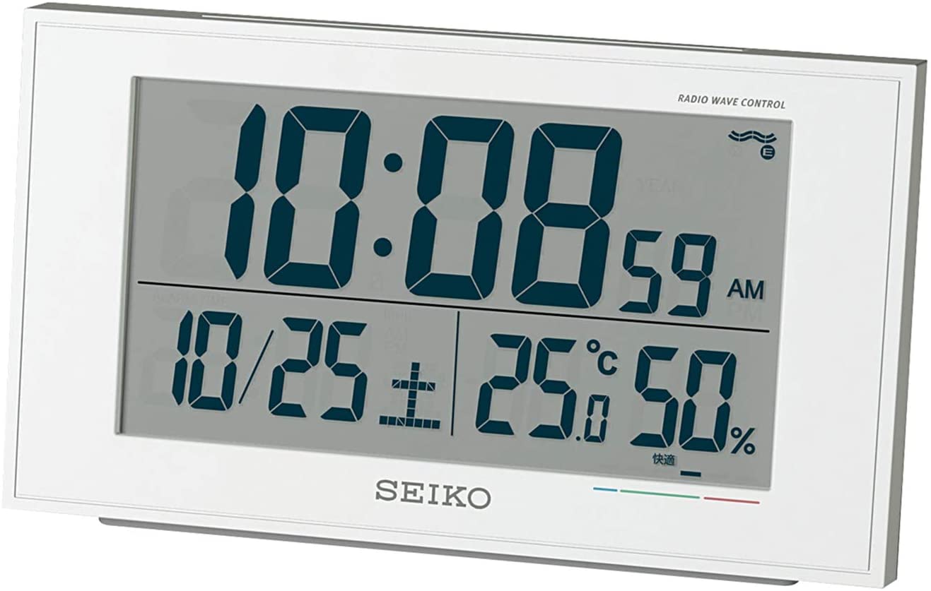 Seiko Clock 精工時鐘座鐘01:白珍珠主體尺寸:8.5×14.8×5.3厘米電波數碼日曆舒適度溫度濕度顯示BC402W