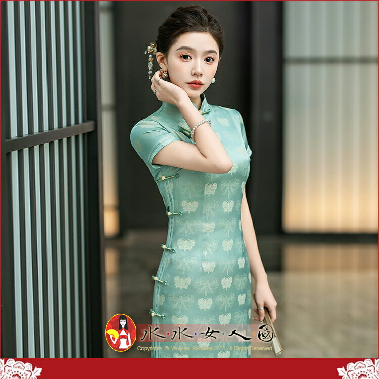 中國風復古長旗袍氣質優雅年輕少女顯瘦春夏新款洋裝老上海大碼長款日常宴會派對走秀必備連身裙-四季(果綠色)-水水女人國