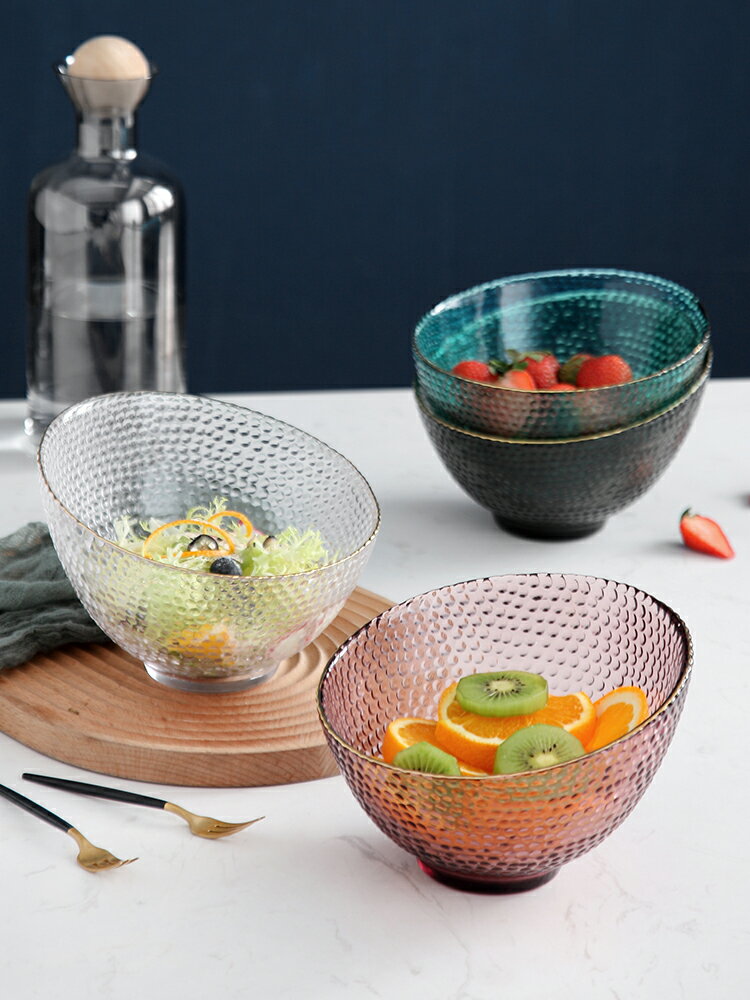 家用玻璃沙拉碗金邊甜品碗水果碗斜口盤子透明玻璃碗餐具