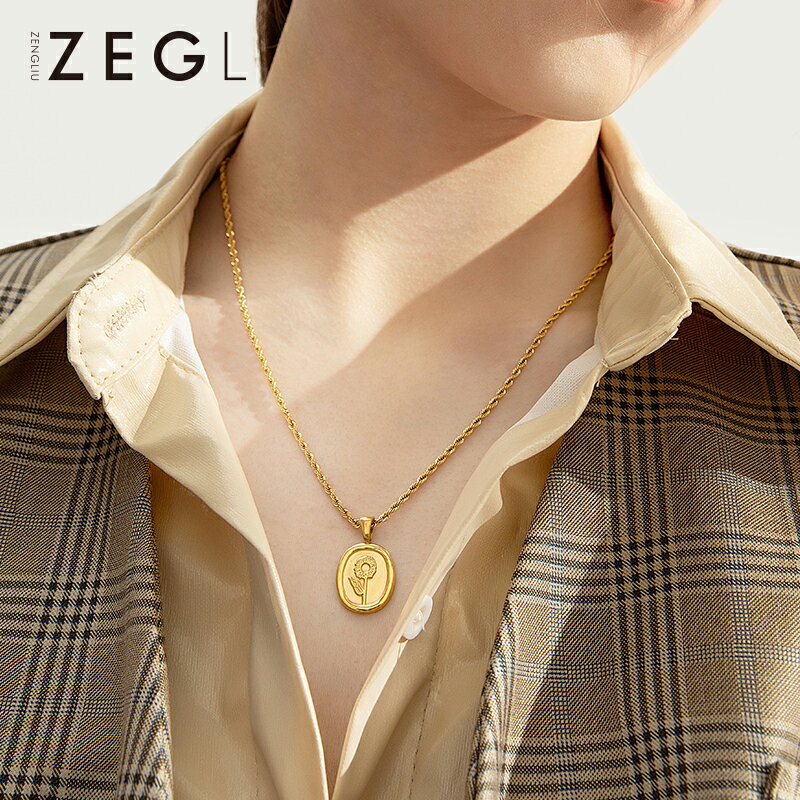 ZEGL歐美復古花朵吊牌項鏈女輕奢小眾ins簡約百搭吊墜鎖骨鏈配飾
