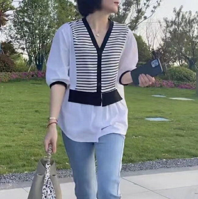 中大尺碼女裝~春夏新款 條紋拼接假兩件休閒襯衫 百搭大碼上衣胖MM都可以穿 1