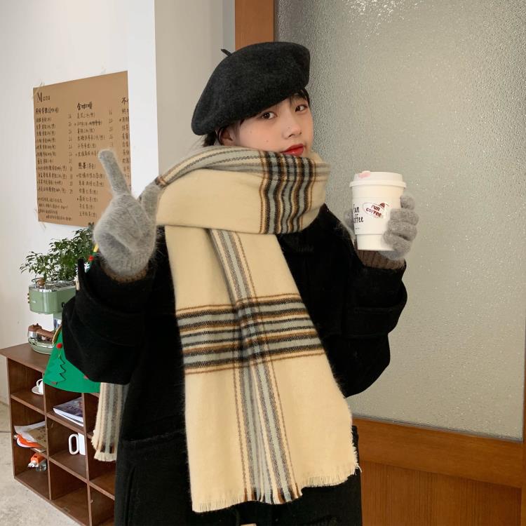 日系經典格紋仿羊絨圍巾女冬季加厚保暖披肩兩用百搭圍脖潮 99購物節