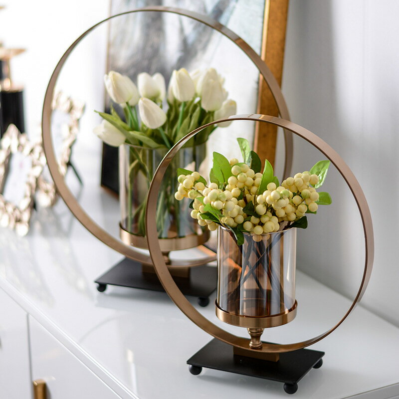 客廳軟裝擺件玄關裝飾金屬花瓶插花創意擺件樣闆餐桌茶幾花藝