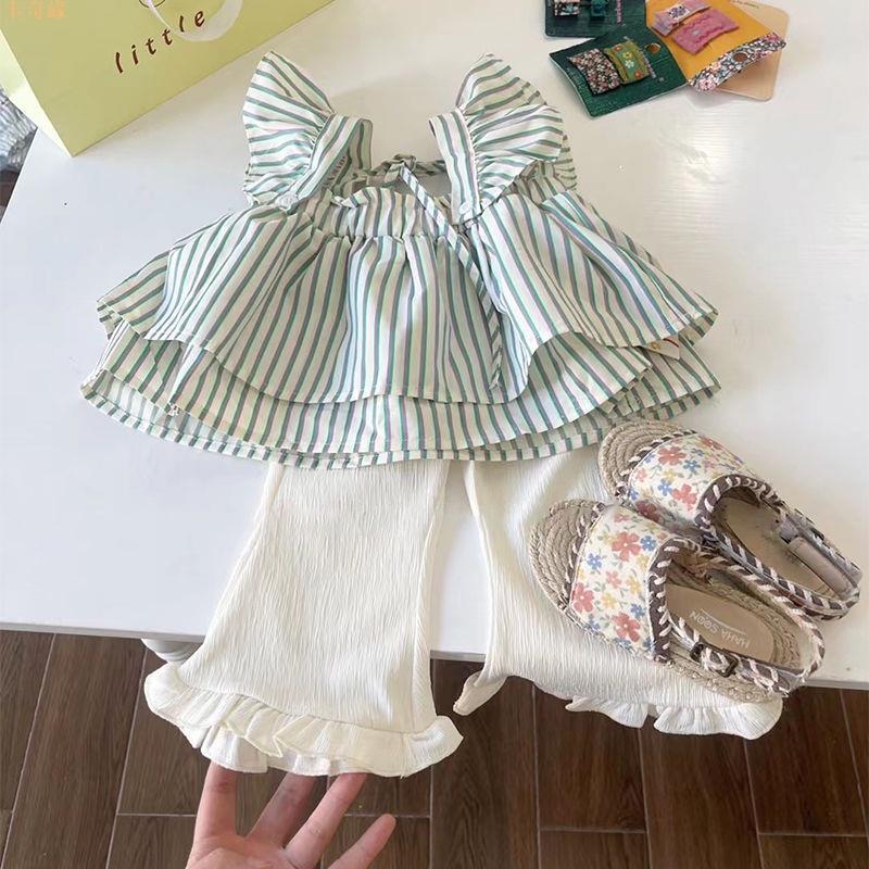 女童 套裝 夏季 23 新款 韓版 童裝 女寶寶 洋氣 兒童 條紋 襯衫 喇叭褲 兩件套洋裝
