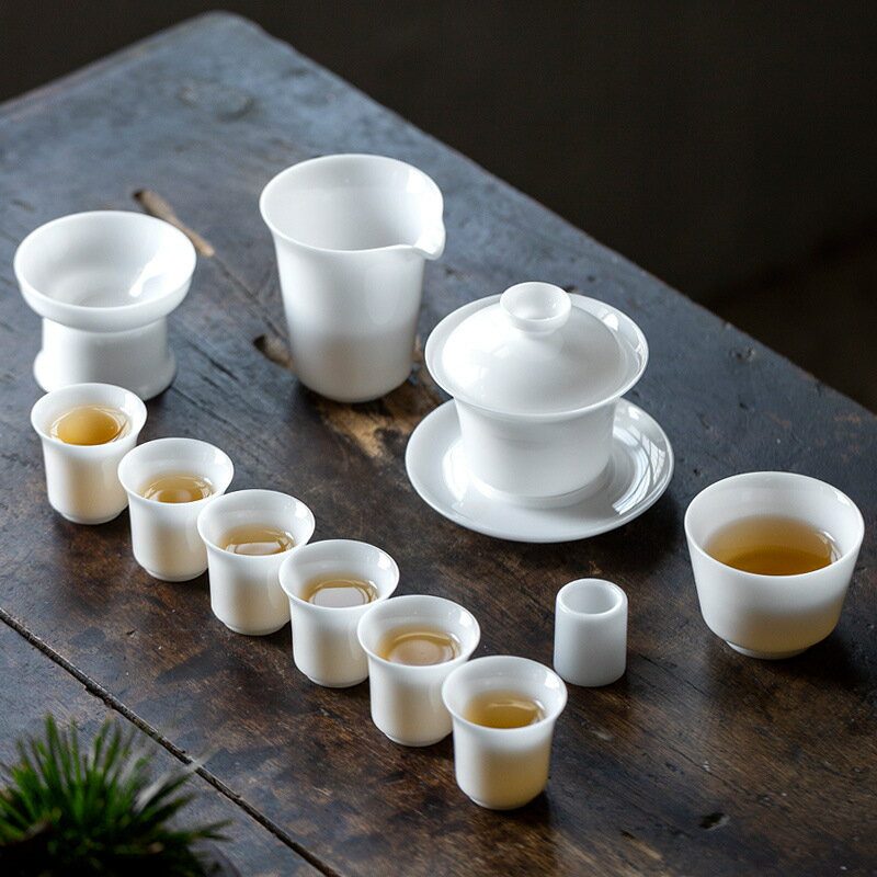 特價簡約羊脂玉白瓷功夫茶具套裝家用陶瓷蓋碗泡茶杯耐熱高檔禮盒