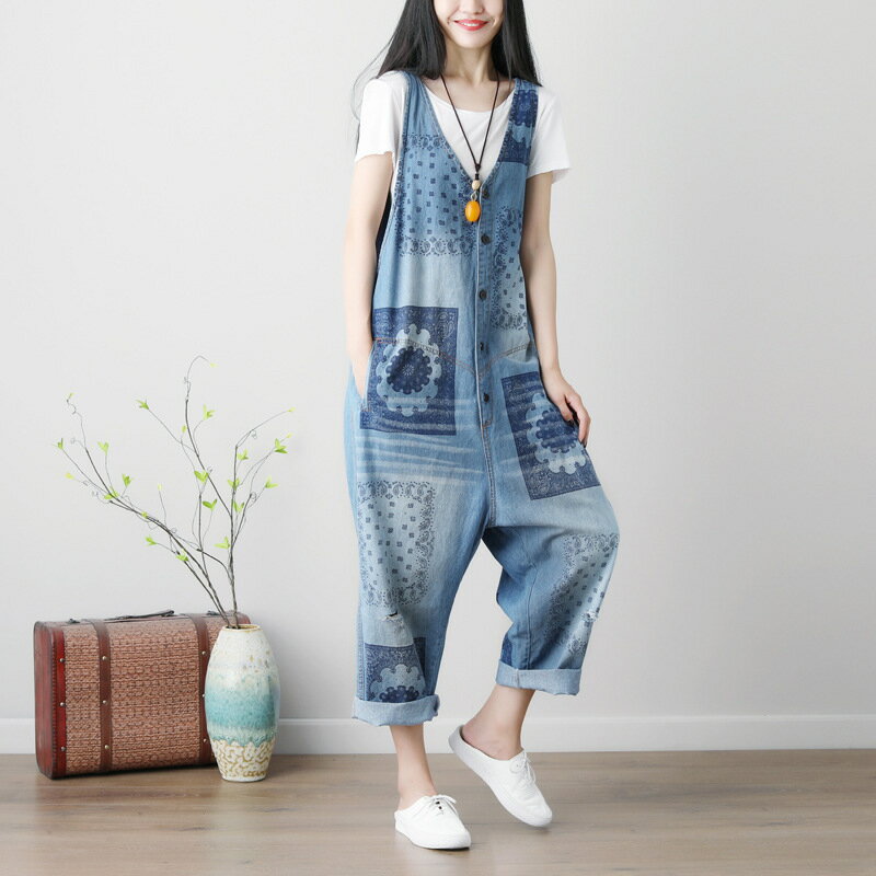 【巴黎精品】牛仔褲吊帶長褲-春夏水洗印花背帶褲女褲子a1ir58