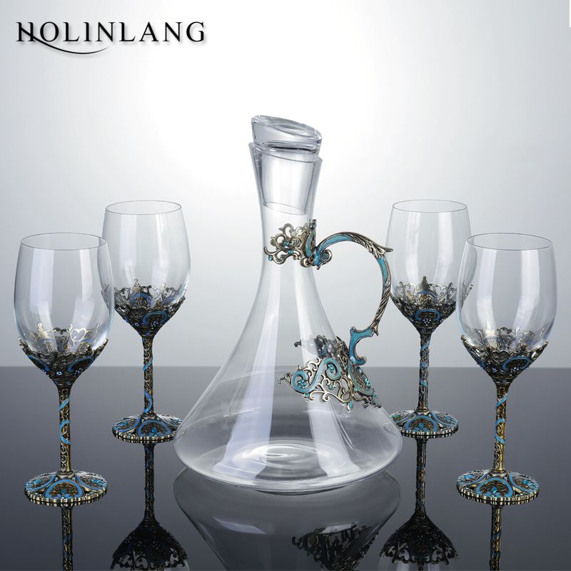 紅酒杯 免運 紅琳瑯琺瑯彩無鉛水晶玻璃紅酒杯套裝 歐式復古酒具高腳杯禮盒裝SS050公司貨