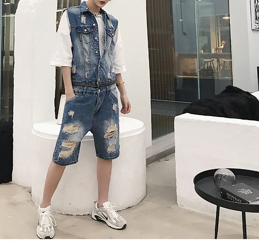FINDSENSE H1 2018 夏季 新款 個性 破洞 連體 牛仔馬甲 短褲 連體衣 中間拉鏈 潮流 時尚 男