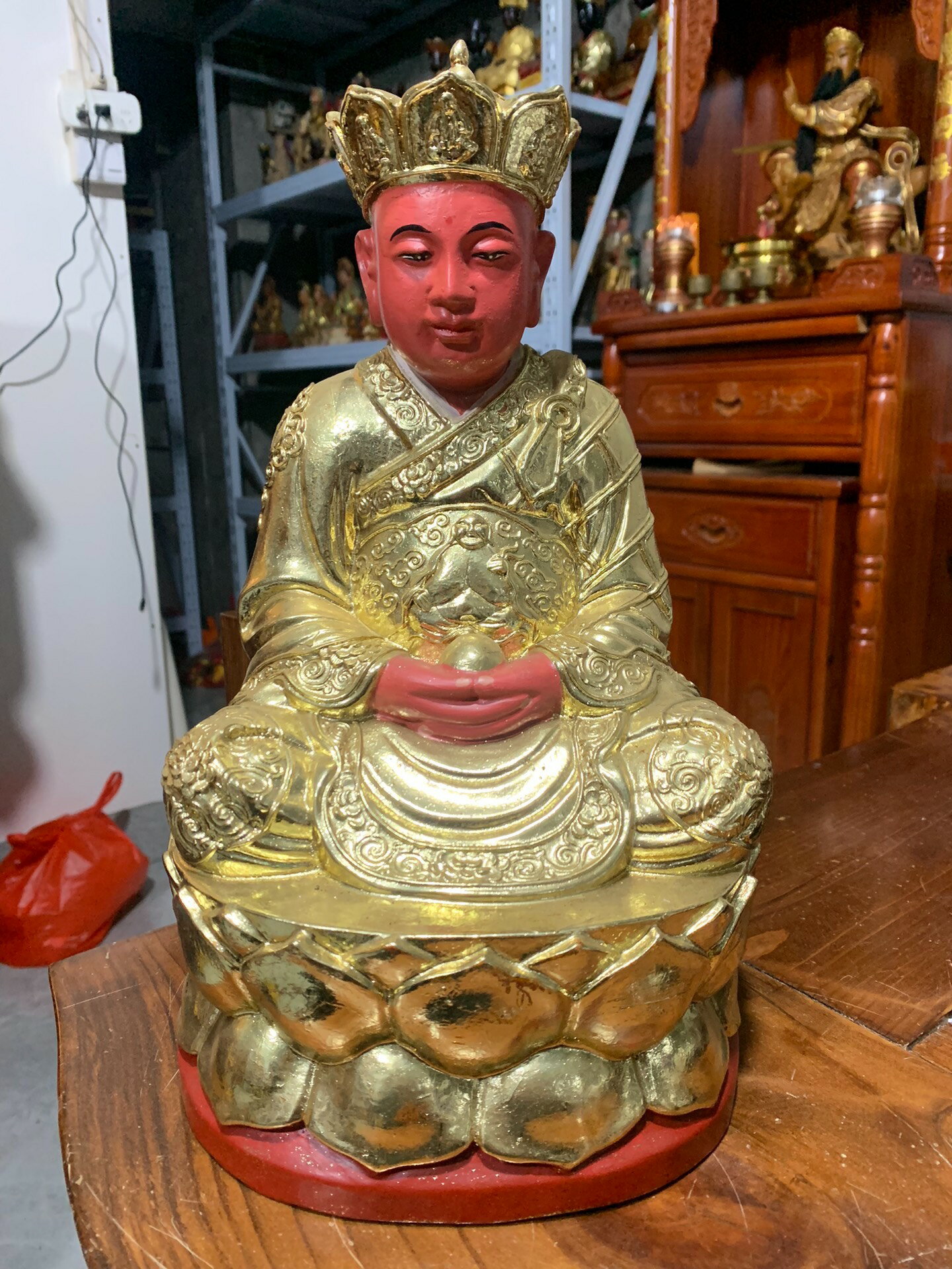 結緣老木雕佛像擺飾，地藏菩薩，高33釐米，閩南漆線雕貼金工藝