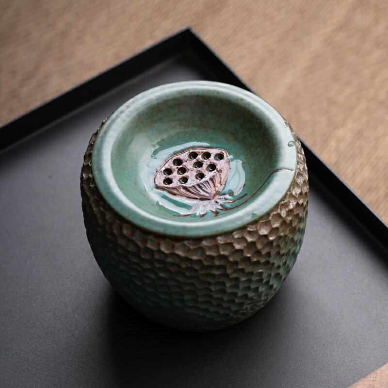 窯變蓮蓬建水錘紋小茶渣缸日式復古陶瓷茶具配件綠色廢茶水桶小號