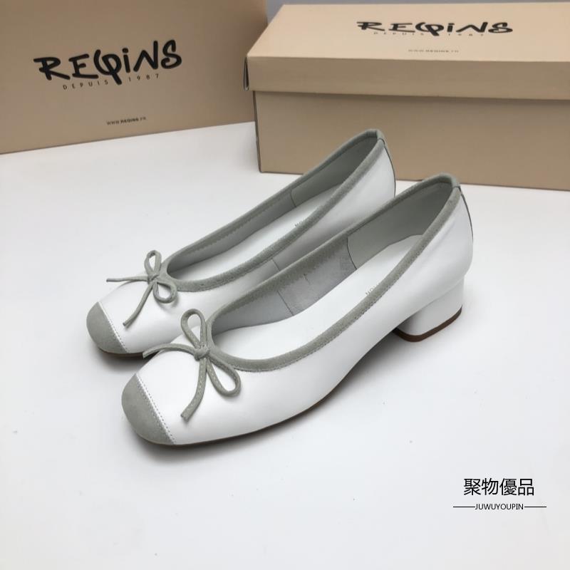 Reqins 正品 女性芭蕾鞋羊皮法式復古粗跟銀色蝴蝶結奶奶鞋方頭女鞋子【聚物優品】