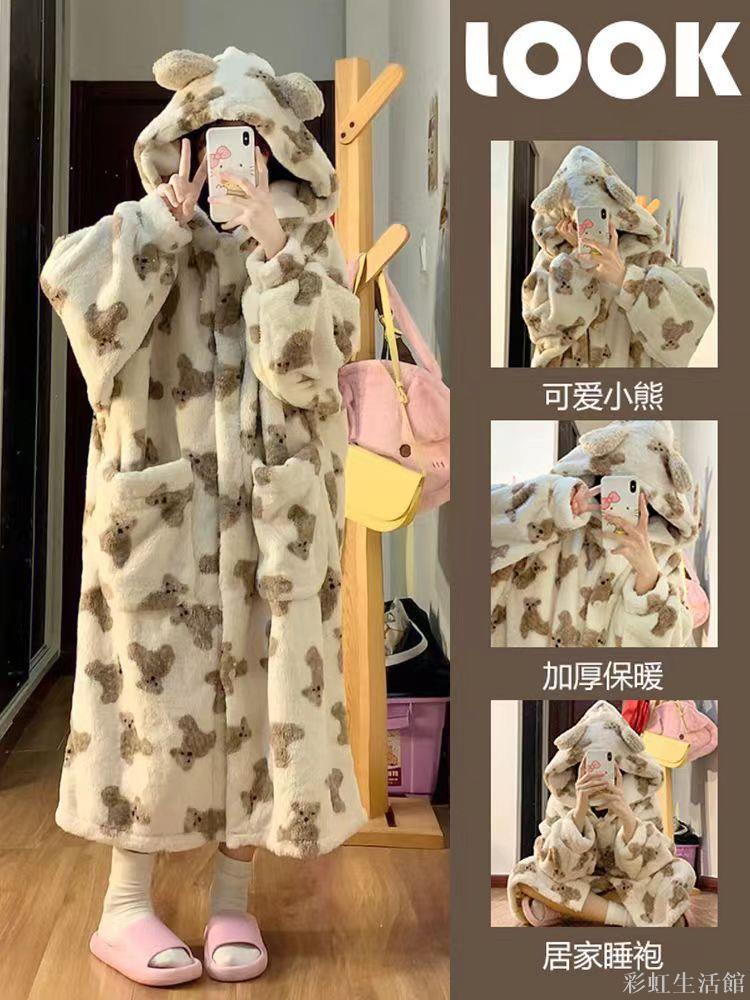 小怪獸蘇利文睡袍加厚珊瑚絨長款少女小熊睡衣女冬款網紅家居服厚