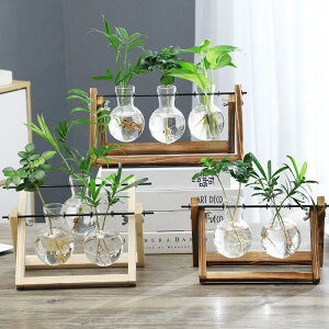創意木架桌面水培玻璃花瓶養綠蘿植物花盆容器擺件辦公室客廳裝飾