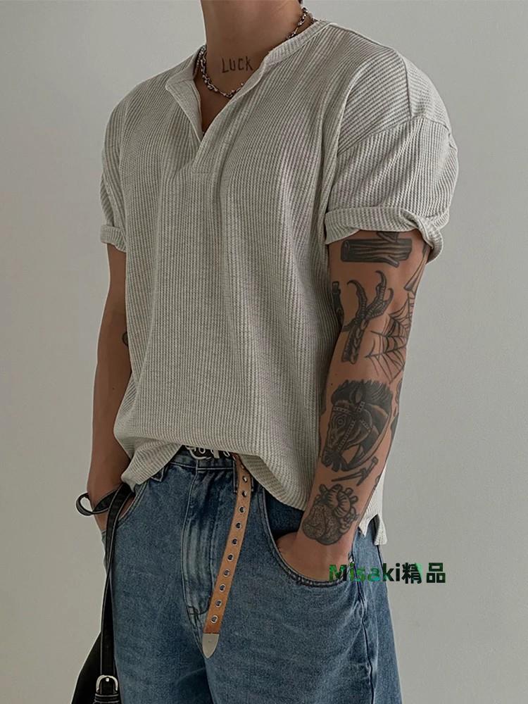 Primas「美式硬漢」華夫格亨利衫男短袖夏季肌理感cleanfit恤肌肉-Misaki精品