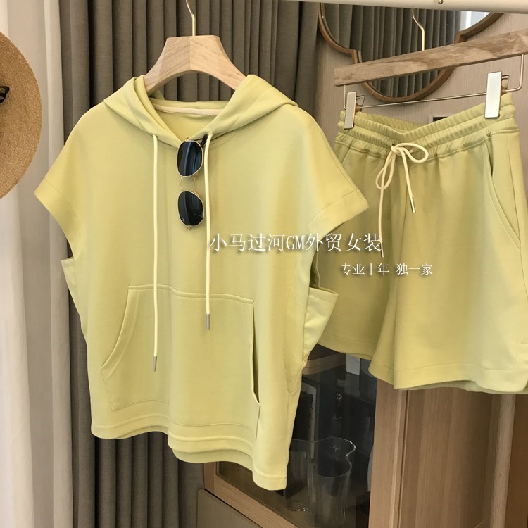 商場撤櫃剪標清倉時尚減齡~夏日輕薄連帽短袖衛衣+衛褲2件套女