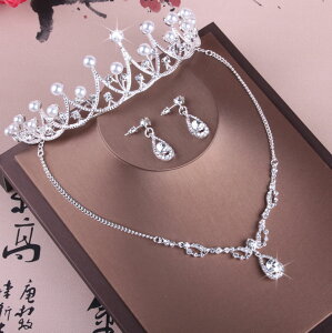 新款新娘項鏈 韓式新娘飾品 珍珠皇冠簡單優雅項鏈耳環三件套包郵