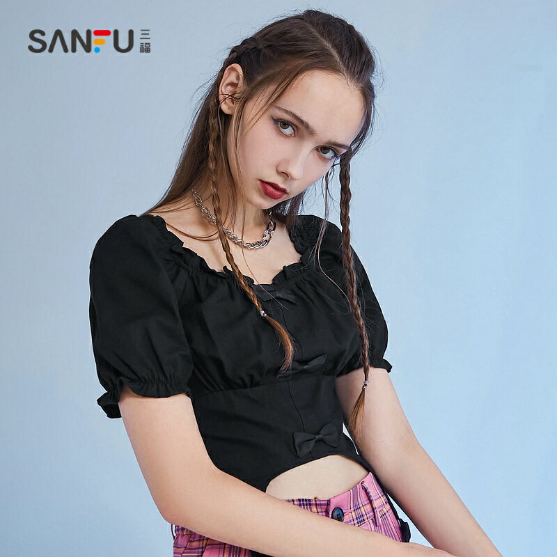 三福襯衫夏季法式設計感蝴蝶結方領一字肩泡泡短袖款上衣女裝