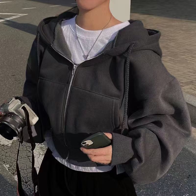 外套 女裝 休閒外套 時尚外套 保暖外套  2025年秋冬新品ins加絨百搭時尚短款修身拉鍊保暖純色連帽衛衣女  治裝激推 0