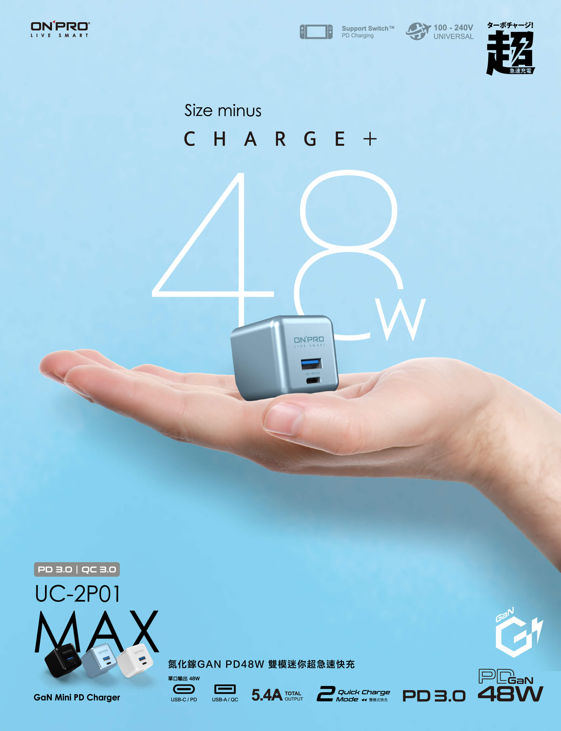 onpro UC-2P01 Max 氮化鎵 支援 PD 48W  雙孔 閃電 快充 急速 迷你 充電器 type C A 1