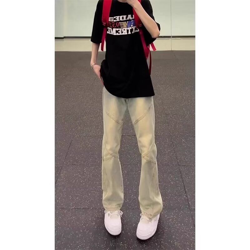 秋冬季美式復古水洗牛仔褲男女設計感拼接工裝褲子休閑顯瘦直筒褲--享樂